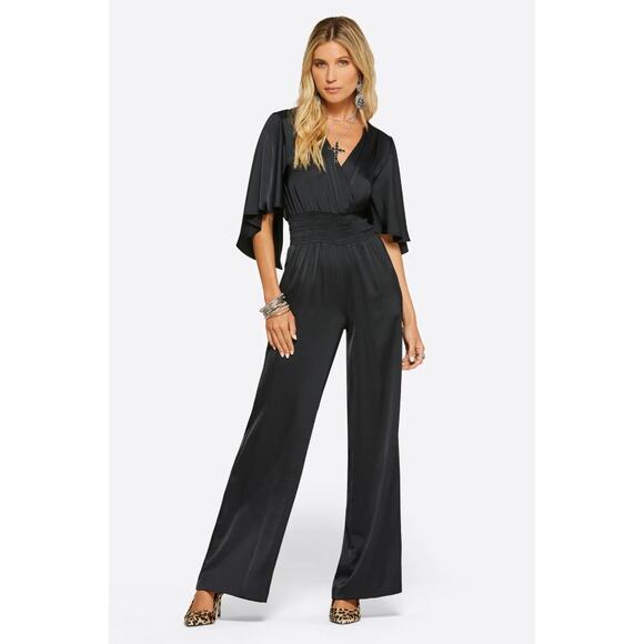 Jessica Simpson Aria Wide Leg Jumpsuit Women‎ Size L Black Smocked Waist Comfort - Picture 1 of 7
